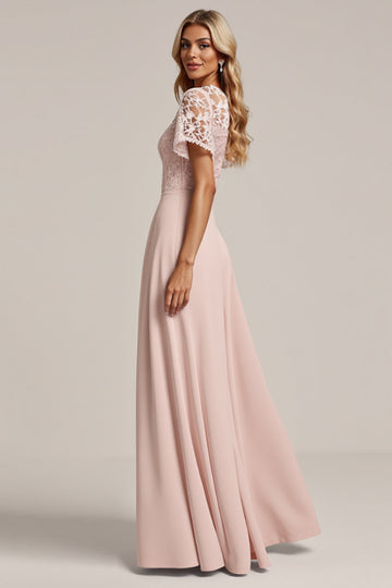 Pink Chiffon Sheath Long Bridesmaid Dress with Lace